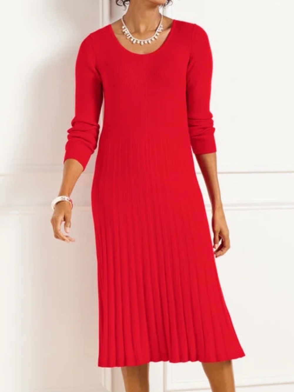 Talbots Women Petite SP Red Long Sleeve Ribbed Fit & Flare Sweater Dress NWT